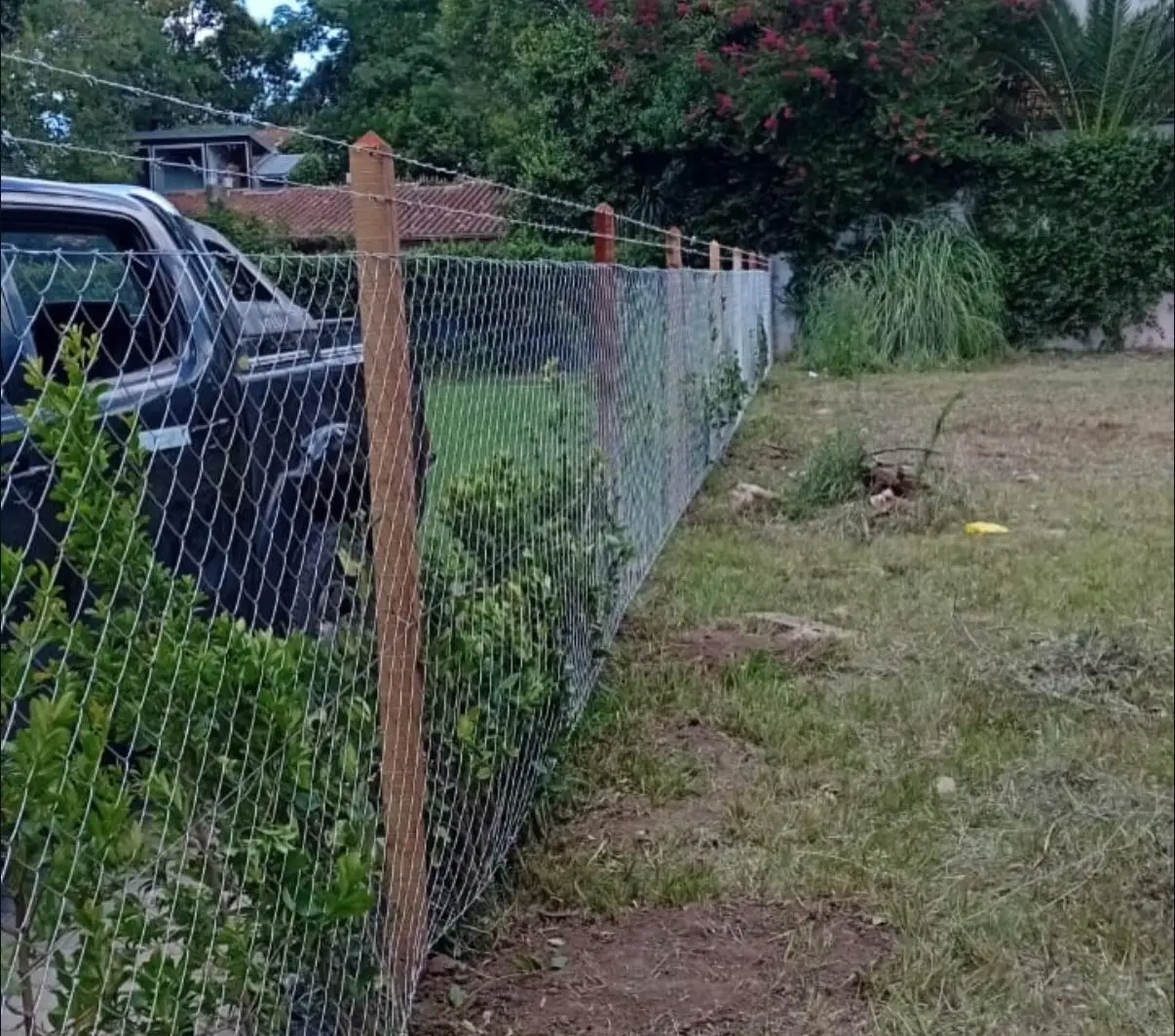 Alambrado de postes de quebracho con tejido y dos hilos de alambre liso tensados arriba, entre plantas y arbustos de un jardín